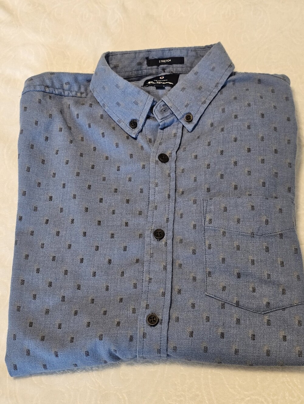 Ben Sherman Men's Small Blue Micro Geometric Pattern Stretch Button Down LS Euc